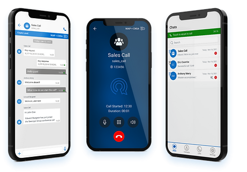 Three phones displaying Seecrypt app interface with chats and calls