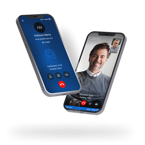 Two phones displaying video call with contact details